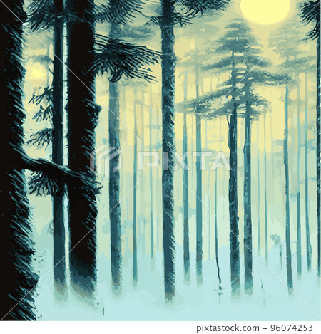mysterious forest. Background landscape at night twilight foggy forest. Cartoon colored illustration of taiga dark coniferous forest forests. enchanted forest at night. mysterious forest. Background landscape at night twilight foggy forest. Cartoon colored illustration of taiga dark coniferous forest forests. enchanted forest at night. 96074253