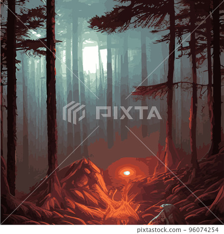 mysterious forest. Background landscape at night twilight foggy forest. Cartoon colored illustration of taiga dark coniferous forest forests. enchanted forest at night. mysterious forest. Background landscape at night twilight foggy forest. Cartoon colored illustration of taiga dark coniferous forest forests. enchanted forest at night. 96074254