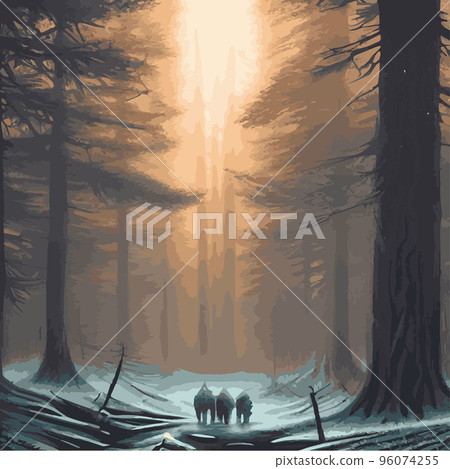 mysterious forest. Background landscape at night twilight foggy forest. Cartoon colored illustration of taiga dark coniferous forest forests. enchanted forest at night. mysterious forest. Background landscape at night twilight foggy forest. Cartoon colored illustration of taiga dark coniferous forest forests. enchanted forest at night. 96074255