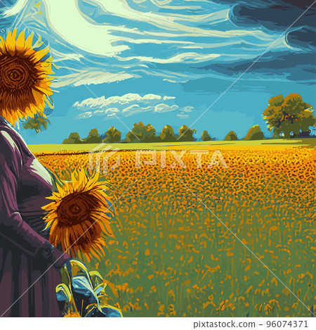 vector illustration, sunflower flower, sunset rural landscape oil painting with golden sunflower field. Warm sunset light and orange hills in the background vector illustration, sunflower flower, sunset rural landscape oil painting with golden sunflower field. Warm sunset light and orange hills in the background 96074371