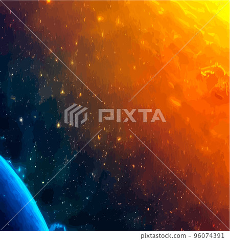 Landscape Mars surface with colonies building. Astronaut base on the red planet. Vector cartoon futuristic illustration of space colonization, space exploration concept. Space station alien galaxy 96074391