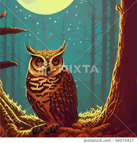 Owl. Realistic bird on dark moon forest background. Dark night background. autumn fairy tale art. Fashion template for clothes vector cartoon style owl 96074427