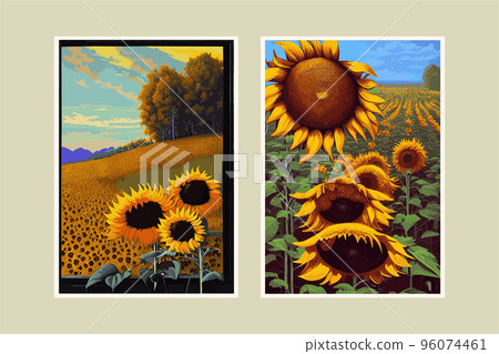 a set of two vertical posts. Sunflower flower, sunset rural landscape painting with golden sunflower field. The warm light of a sunset and the color of the hill in orange and blue in the background. 96074461