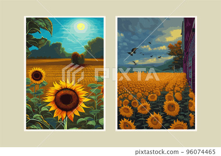 a set of two vertical posts. Sunflower flower, sunset rural landscape painting with golden sunflower field. The warm light of a sunset and the color of the hill in orange and blue in the background. a set of two vertical posts. Sunflower flower, sunset rural landscape painting with golden sunflower field. The warm light of a sunset and the color of the hill in orange and blue in the background. 96074465