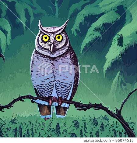 Owl. Realistic bird on dark moon forest background. Dark night background. autumn fairy tale art. Fashion template for clothes vector cartoon style owl 96074515
