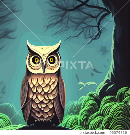 Owl. Realistic bird on dark moon forest background. Dark night background. autumn fairy tale art. Fashion template for clothes vector cartoon style owl 96074516