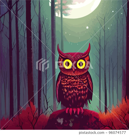 Owl. Realistic bird on dark moon forest background. Dark night background. autumn fairy tale art. Fashion template for clothes vector cartoon style owl 96074577