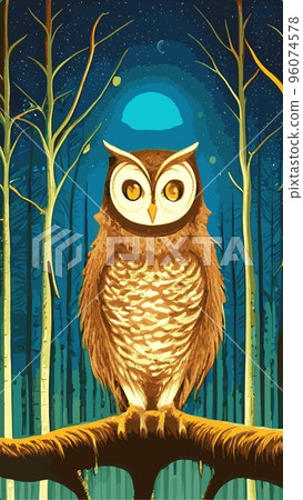 cartoon illustration owl sitting forest under full moon. vertical vector illustration. owl sits branch looks seriously wisely. Fairy forest looks magical. Beautiful powerful bird forest suitable cartoon illustration owl sitting forest under full moon. vertical vector illustration. owl sits branch looks seriously wisely. Fairy forest looks magical. Beautiful powerful bird forest suitable 96074578