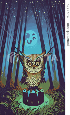 cartoon illustration owl sitting forest under full moon. vertical vector illustration. owl sits branch looks seriously wisely. Fairy forest looks magical. Beautiful powerful bird forest suitable cartoon illustration owl sitting forest under full moon. vertical vector illustration. owl sits branch looks seriously wisely. Fairy forest looks magical. Beautiful powerful bird forest suitable 96074579