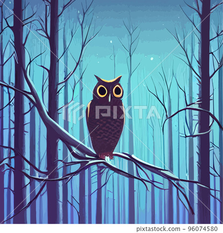 Owl. Realistic bird on dark moon forest background. Dark night background. autumn fairy tale art. Fashion template for clothes vector cartoon style owl 96074580