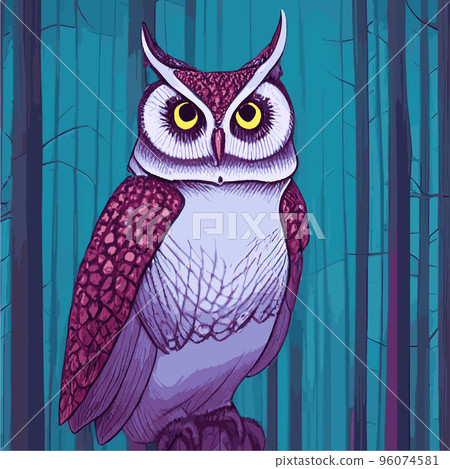 Owl. Realistic bird on dark moon forest background. Dark night background. autumn fairy tale art. Fashion template for clothes vector cartoon style owl Owl. Realistic bird on dark moon forest background. Dark night background. autumn fairy tale art. Fashion template for clothes vector cartoon style owl 96074581