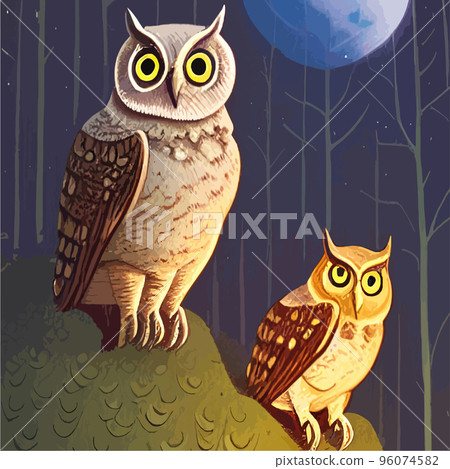 Owl. Realistic bird on dark moon forest background. Dark night background. autumn fairy tale art. Fashion template for clothes vector cartoon style owl 96074582