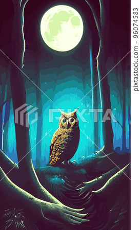 cartoon illustration owl sitting forest under full moon. vertical vector illustration. owl sits branch looks seriously wisely. Fairy forest looks magical. Beautiful powerful bird forest suitable cartoon illustration owl sitting forest under full moon. vertical vector illustration. owl sits branch looks seriously wisely. Fairy forest looks magical. Beautiful powerful bird forest suitable 96074583