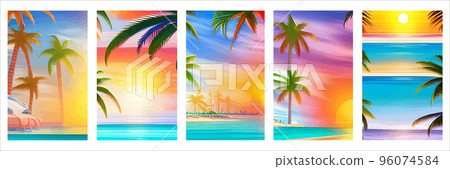 Card with realistic silhouette palm trees sunset beach. Tropical landscape with sunny sky, palm trees beach. Summer vacation tropics with plants, ocean sea waves. Vector set vertical posters tourism Card with realistic silhouette palm trees sunset beach. Tropical landscape with sunny sky, palm trees beach. Summer vacation tropics with plants, ocean sea waves. Vector set vertical posters tourism 96074584