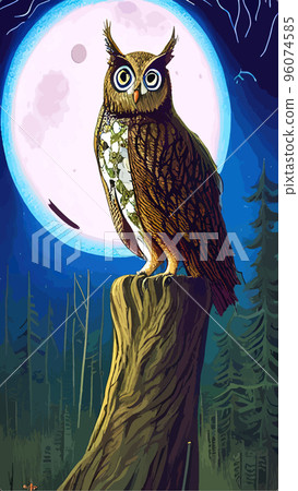 cartoon illustration owl sitting forest under full moon. vertical vector illustration. owl sits branch looks seriously wisely. Fairy forest looks magical. Beautiful powerful bird forest suitable cartoon illustration owl sitting forest under full moon. vertical vector illustration. owl sits branch looks seriously wisely. Fairy forest looks magical. Beautiful powerful bird forest suitable 96074585