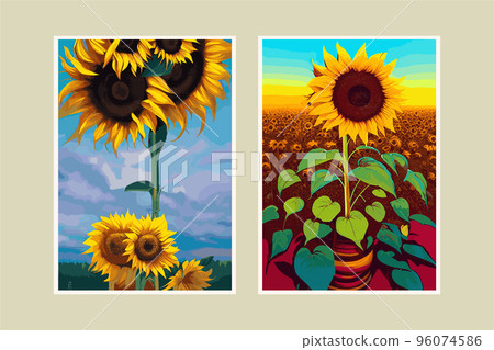 a set of two vertical posts. Sunflower flower, sunset rural landscape painting with golden sunflower field. The warm light of a sunset and the color of the hill in orange and blue in the background. a set of two vertical posts. Sunflower flower, sunset rural landscape painting with golden sunflower field. The warm light of a sunset and the color of the hill in orange and blue in the background. 96074586