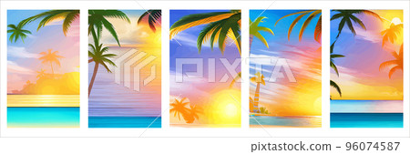 Card with realistic silhouette palm trees sunset beach. Tropical landscape with sunny sky, palm trees beach. Summer vacation tropics with plants, ocean sea waves. Vector set vertical posters tourism Card with realistic silhouette palm trees sunset beach. Tropical landscape with sunny sky, palm trees beach. Summer vacation tropics with plants, ocean sea waves. Vector set vertical posters tourism 96074587