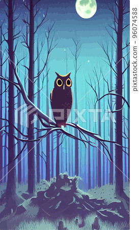cartoon illustration owl sitting forest under full moon. vertical vector illustration. owl sits branch looks seriously wisely. Fairy forest looks magical. Beautiful powerful bird forest suitable cartoon illustration owl sitting forest under full moon. vertical vector illustration. owl sits branch looks seriously wisely. Fairy forest looks magical. Beautiful powerful bird forest suitable 96074588