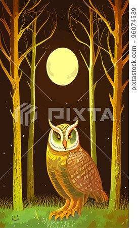 cartoon illustration owl sitting forest under full moon. vertical vector illustration. owl sits branch looks seriously wisely. Fairy forest looks magical. Beautiful powerful bird forest suitable 96074589