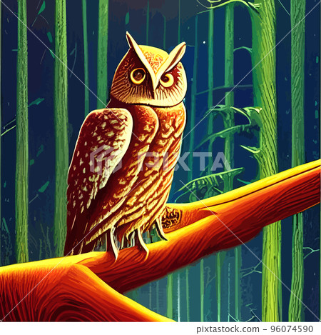Owl. Realistic bird on dark moon forest background. Dark night background. autumn fairy tale art. Fashion template for clothes vector cartoon style owl Owl. Realistic bird on dark moon forest background. Dark night background. autumn fairy tale art. Fashion template for clothes vector cartoon style owl 96074590