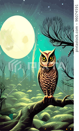 cartoon illustration owl sitting forest under full moon. vertical vector illustration. owl sits branch looks seriously wisely. Fairy forest looks magical. Beautiful powerful bird forest suitable cartoon illustration owl sitting forest under full moon. vertical vector illustration. owl sits branch looks seriously wisely. Fairy forest looks magical. Beautiful powerful bird forest suitable 96074591