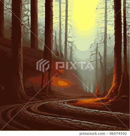mysterious forest. Background landscape at night twilight foggy forest. Cartoon colored illustration of taiga dark coniferous forest forests. enchanted forest at night. mysterious forest. Background landscape at night twilight foggy forest. Cartoon colored illustration of taiga dark coniferous forest forests. enchanted forest at night. 96074592