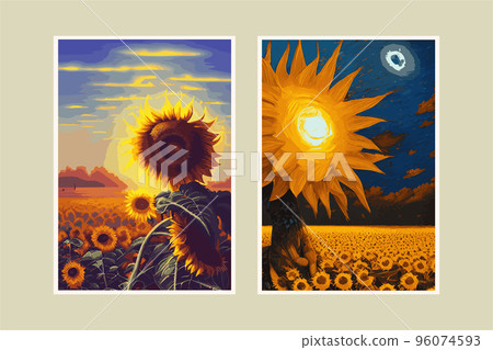 a set of two vertical posts. Sunflower flower, sunset rural landscape painting with golden sunflower field. The warm light of a sunset and the color of the hill in orange and blue in the background. a set of two vertical posts. Sunflower flower, sunset rural landscape painting with golden sunflower field. The warm light of a sunset and the color of the hill in orange and blue in the background. 96074593