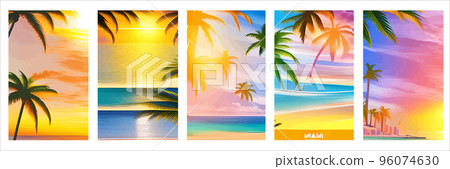 Card with realistic silhouette palm trees sunset beach. Tropical landscape with sunny sky, palm trees beach. Summer vacation tropics with plants, ocean sea waves. Vector set vertical posters tourism Card with realistic silhouette palm trees sunset beach. Tropical landscape with sunny sky, palm trees beach. Summer vacation tropics with plants, ocean sea waves. Vector set vertical posters tourism 96074630