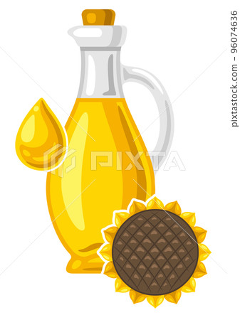 Illustration of glass bottle with sunflower oil. Image for culinary and agriculture. Illustration of glass bottle with sunflower oil. Image for culinary and agriculture. 96074636