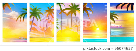 Card with realistic silhouette palm trees sunset beach. Tropical landscape with sunny sky, palm trees beach. Summer vacation tropics with plants, ocean sea waves. Vector set vertical posters tourism 96074637