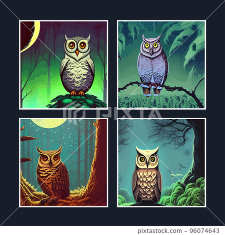 Owl. Realistic bird on dark moon forest background. Vector illustration. Predatory forest bird. Sketch hand drawing. Black and white. Vintage. Dark night background. Flat. Vector illustration set 96074643