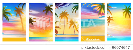 Card with realistic silhouette palm trees sunset beach. Tropical landscape with sunny sky, palm trees beach. Summer vacation tropics with plants, ocean sea waves. Vector set vertical posters tourism Card with realistic silhouette palm trees sunset beach. Tropical landscape with sunny sky, palm trees beach. Summer vacation tropics with plants, ocean sea waves. Vector set vertical posters tourism 96074647