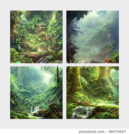 set square posts. Green landscape tropical mysterious fantastic forests, jungle thickets. Horizontal background. Landscape silhouette. Dense trees, lush spring, summer grass. Vector illustration. set square posts. Green landscape tropical mysterious fantastic forests, jungle thickets. Horizontal background. Landscape silhouette. Dense trees, lush spring, summer grass. Vector illustration. 96074687
