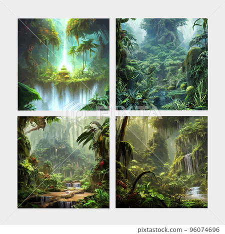set square posts. Green landscape tropical mysterious fantastic forests, jungle thickets. Horizontal background. Landscape silhouette. Dense trees, lush spring, summer grass. Vector illustration. 96074696