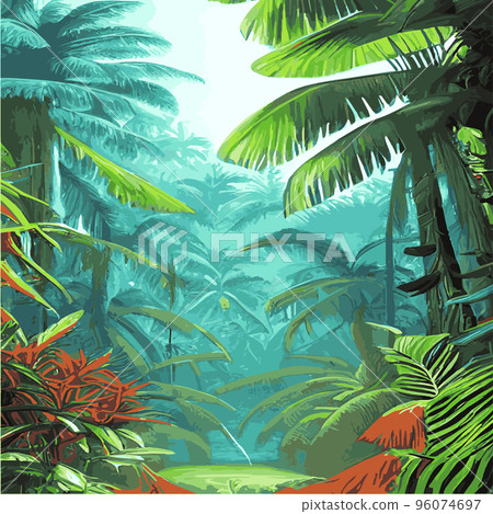 Colorful tropical rainforest. palm leaves and other plants. Aloha textile collection. Tropical forest with dense vegetation of trees, shrubs and vines. Landscape with green flowers. Colorful tropical rainforest. palm leaves and other plants. Aloha textile collection. Tropical forest with dense vegetation of trees, shrubs and vines. Landscape with green flowers. 96074697