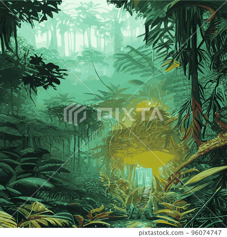 Colorful tropical rainforest. palm leaves and other plants. Aloha textile collection. Tropical forest with dense vegetation of trees, shrubs and vines. Landscape with green flowers. 96074747