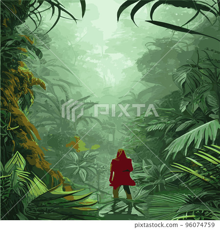 Colorful tropical rainforest. palm leaves and other plants. Aloha textile collection. Tropical forest with dense vegetation of trees, shrubs and vines. Landscape with green flowers. Colorful tropical rainforest. palm leaves and other plants. Aloha textile collection. Tropical forest with dense vegetation of trees, shrubs and vines. Landscape with green flowers. 96074759