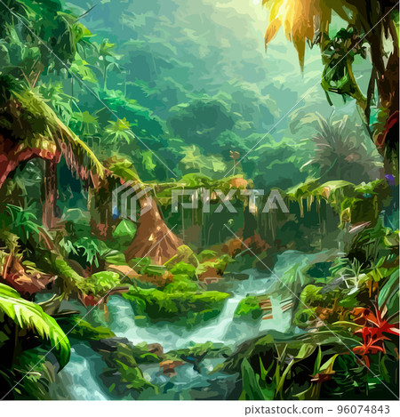 exotic foggy forest natural forest landscape. vector illustration . Landscape silhouette. Dense trees, lush spring, summer grass. Tropical forest with dense vegetation of trees, shrubs and vines. exotic foggy forest natural forest landscape. vector illustration . Landscape silhouette. Dense trees, lush spring, summer grass. Tropical forest with dense vegetation of trees, shrubs and vines. 96074843