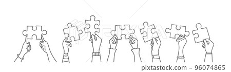 Hands holding a jigsaw puzzle piece which joins another puzzle piece. 96074865