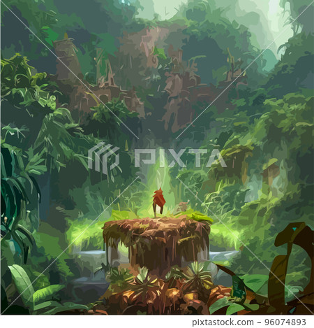 exotic foggy forest natural forest landscape. vector illustration . Landscape silhouette. Dense trees, lush spring, summer grass. Tropical forest with dense vegetation of trees, shrubs and vines. 96074893