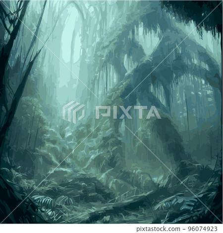 exotic foggy forest natural forest landscape. vector illustration . Landscape silhouette. Dense trees, lush spring, summer grass. Tropical forest with dense vegetation of trees, shrubs and vines. exotic foggy forest natural forest landscape. vector illustration . Landscape silhouette. Dense trees, lush spring, summer grass. Tropical forest with dense vegetation of trees, shrubs and vines. 96074923