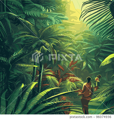 Colorful tropical rainforest. palm leaves and other plants. Aloha textile collection. Tropical forest with dense vegetation of trees, shrubs and vines. Landscape with green flowers. 96074936