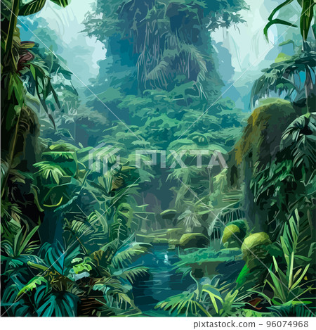 exotic foggy forest natural forest landscape. vector illustration . Landscape silhouette. Dense trees, lush spring, summer grass. Tropical forest with dense vegetation of trees, shrubs and vines. 96074968