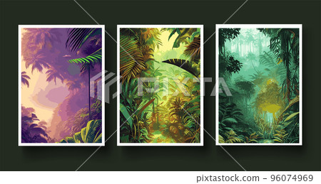 set vertical posters. Colorful tropical rainforest. palm leaves other plants. Aloha textile collection. Tropical forest with dense vegetation trees, shrubs vines. Landscape with green flowers set vertical posters. Colorful tropical rainforest. palm leaves other plants. Aloha textile collection. Tropical forest with dense vegetation trees, shrubs vines. Landscape with green flowers 96074969