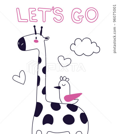 Cute cartoon line trendy design card little giraffe with bird. vector illustration. Text Let s go. EPS 96075001