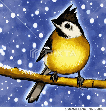 Vector realistic detailed vector illustration winter birds branches. Winter design elements Christmas, holidays. sitting branch. Winter background. Tree branch without leaves with flying birds. 96075002