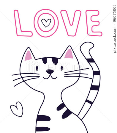 Draw vector illustration banner cute cat sitinging on white color Text Love. Doodle cartoon style. EPS 96075003