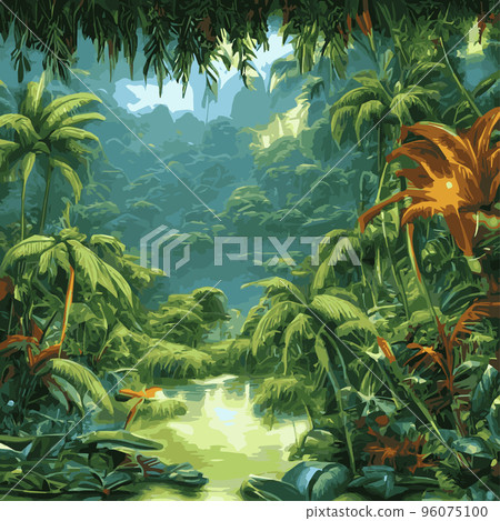 Jungle tropical background. Jungle landscape background illustration, with decorations made from leaves and foliage of tropical plants and trees. Amazon jungle trees and wilderness Jungle tropical background. Jungle landscape background illustration, with decorations made from leaves and foliage of tropical plants and trees. Amazon jungle trees and wilderness 96075100