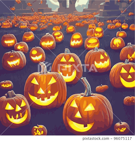Creepy Halloween card. Glowing pumpkins on the background of a spooky place with a fantasy style house. Halloween party with pumpkins. Vector illustration. Creepy Halloween card. Glowing pumpkins on the background of a spooky place with a fantasy style house. Halloween party with pumpkins. Vector illustration. 96075117
