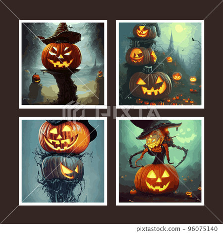 set of four square sets. Spooky pumpkins vector illustration in fantasy style .Stylized halloween horror pumpkin for spooky party decoration, mockup, web page design template set of four square sets. Spooky pumpkins vector illustration in fantasy style .Stylized halloween horror pumpkin for spooky party decoration, mockup, web page design template 96075140